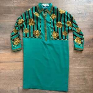 Vtg Umi Collections Anne Crimmins Silk Green,Blk,Gold Versace Inspired Dress 12